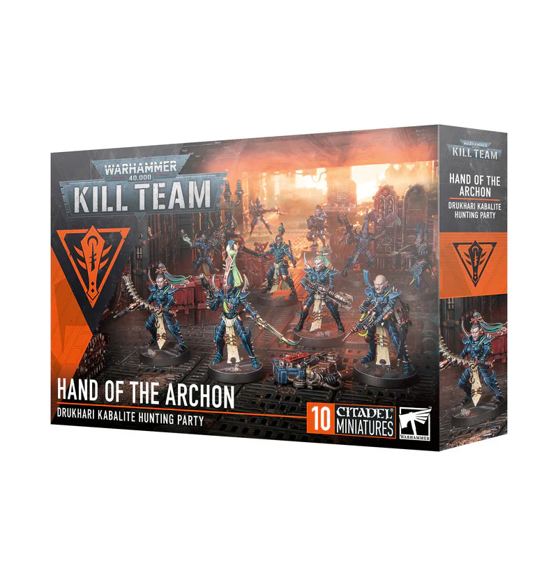 Kill Team: Hand of the Archon box with 10 Kabalite miniatures and accessories.