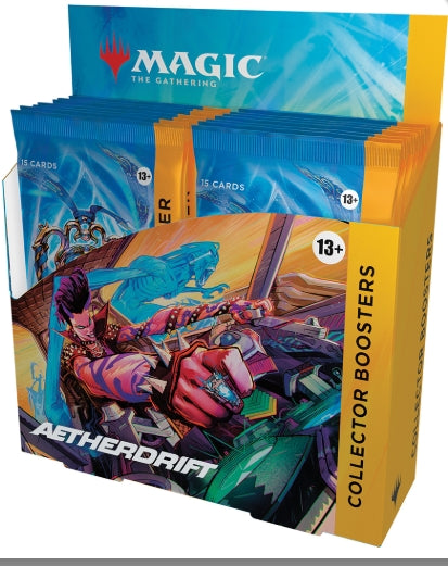 Magic the Gathering CCG: Aetherdrift Collector Booster Display box with cards.