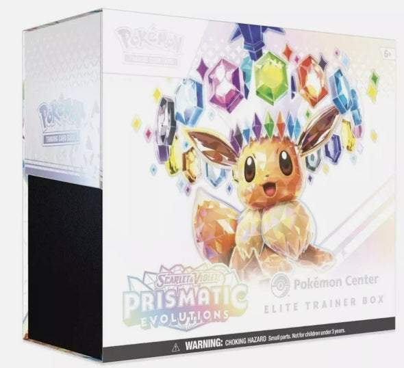 Pokémon Center Prismatic Evolutions Elite Trainer Box featuring Eevee artwork.