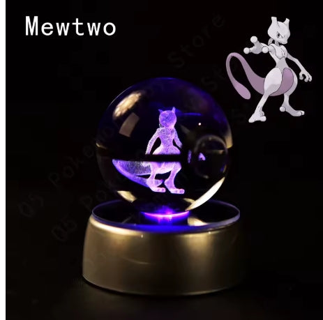 Pokémon Theme 3D Crystal Ball featuring MewTwo with LED lamp base.