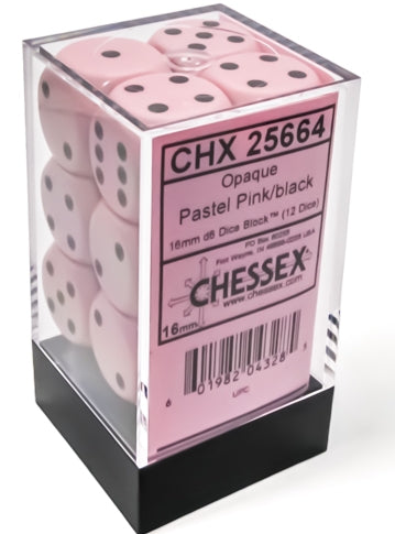 Chessex Opaque 16mm D6 Pastel Pink/Black Dice Block (12 dice)