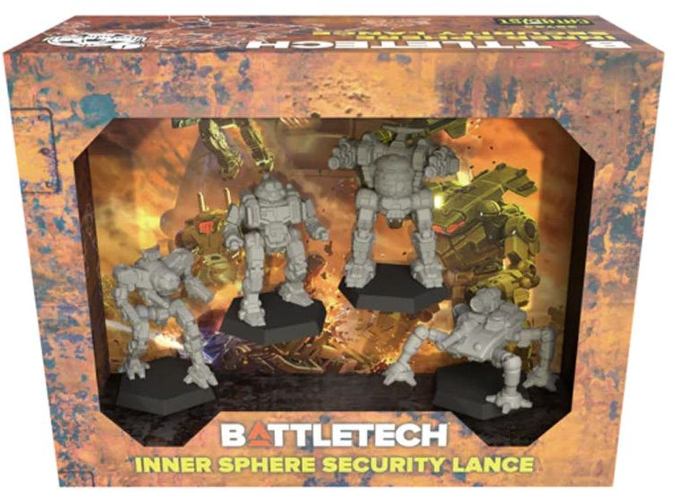 BattleTech: Mercenaries Inner Sphere Security Lance miniatures set in box.