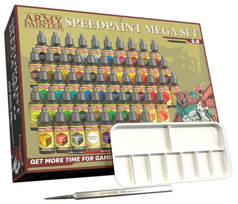 The Army Painter Speedpaint Mega Set 2.0 with 42 colors, metallics, and accessories.