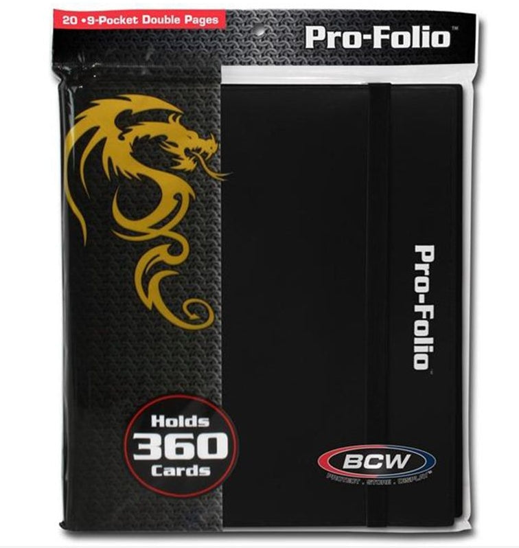 BCW Pro-Folio black binder with 9-pocket pages for 360 cards, featuring side-loading and matte black cover.