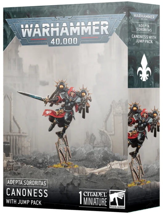 Warhammer 40000 Adepta Sororitas Canoness with Jump Pack model kit box.