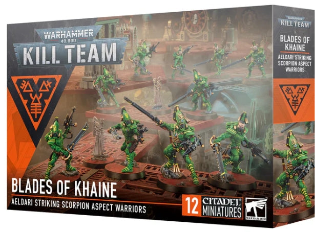 Warhammer 40000 Kill Team Blades of Khaine 2024 box set with Striking Scorpion Aspect Warriors miniatures.