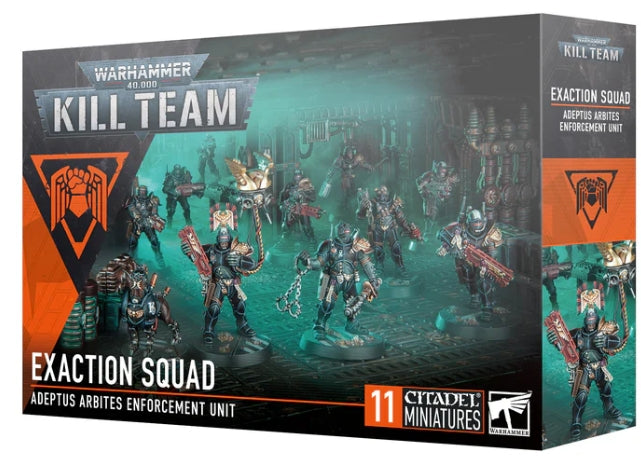 Warhammer 40000: Kill Team Exaction Squad 2024 box set featuring Adeptus Arbites miniatures and accessories.