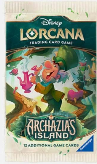 Lorcana: Archazia's Island trading card pack, featuring 12 cards, release 3/22.