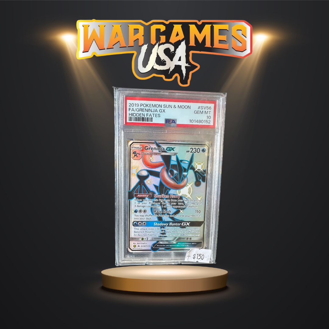 Greninja GX Graded PSA 10 card #SV56 from Pokemon TCG Hidden Fates displayed on a stand.