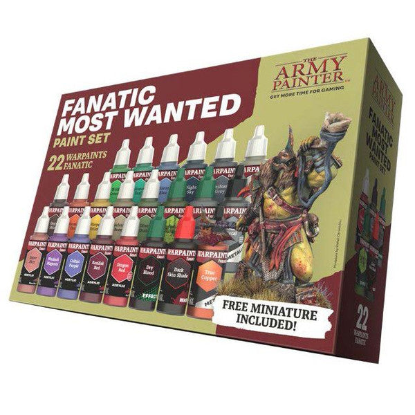 Warpaints Fanatic Most Wanted Paint Set with 22 must-have colors, including acrylics, metallics, effects, wash, brush-on primer, and a free miniature and painting guide.