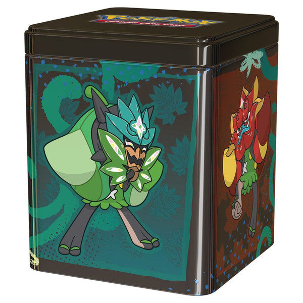 Pokémon Stacking Tin featuring artwork of Pokémon characters, includes TCG booster packs and sticker sheets.