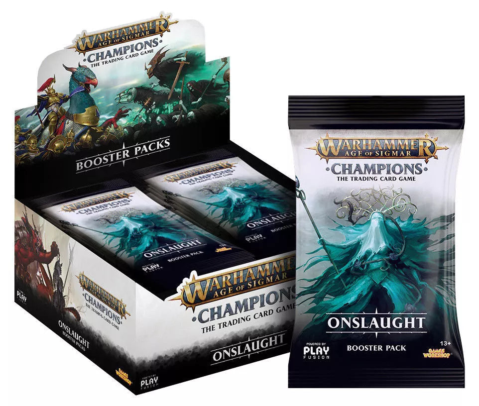 Warhammer TCG Age of Sigmar Champions Onslaught single pack with 13 augmented reality trading cards.