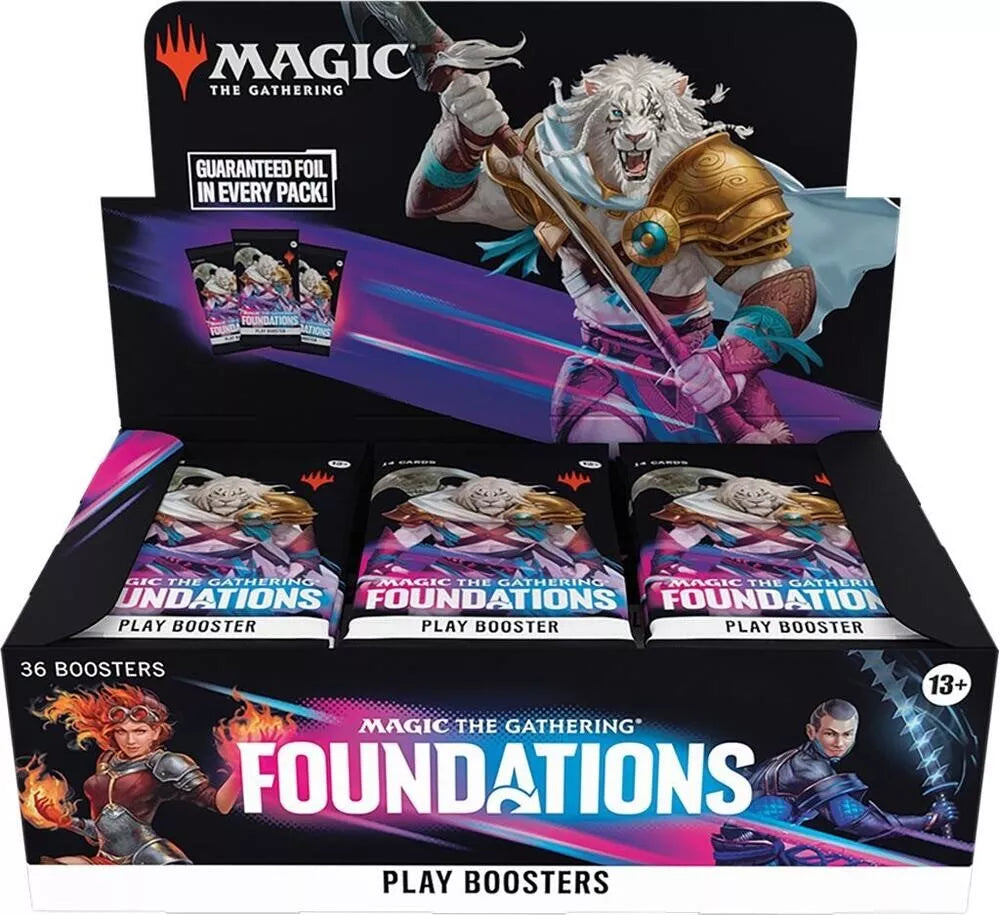 Magic The Gathering Foundations Play Booster Box with 36 packs of cards.