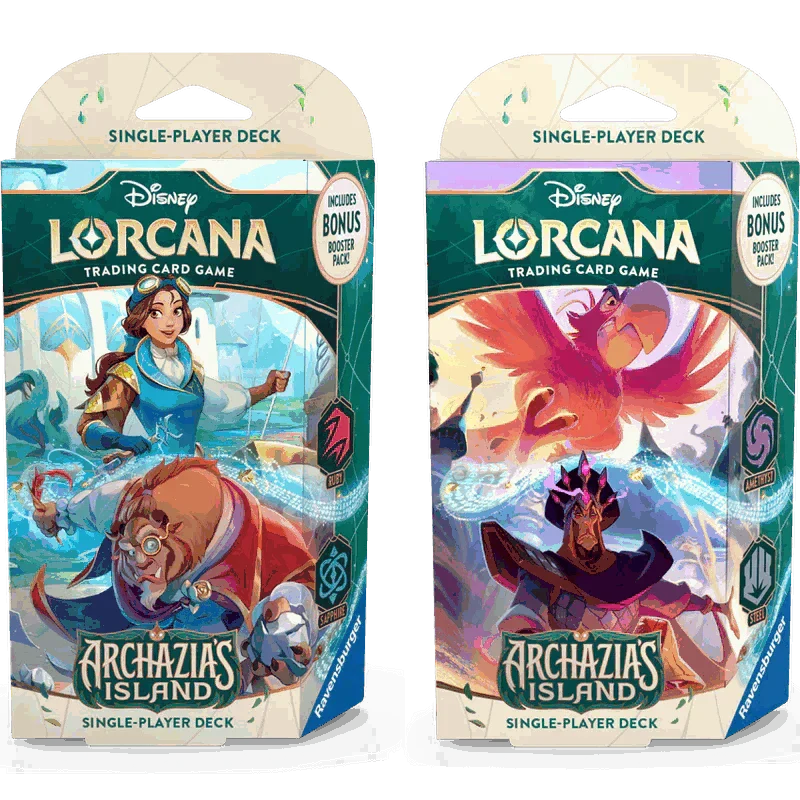 Lorcana: Archazia's Island Starter Deck packaging for pre-order, includes Disney-themed cards and bonus booster pack.