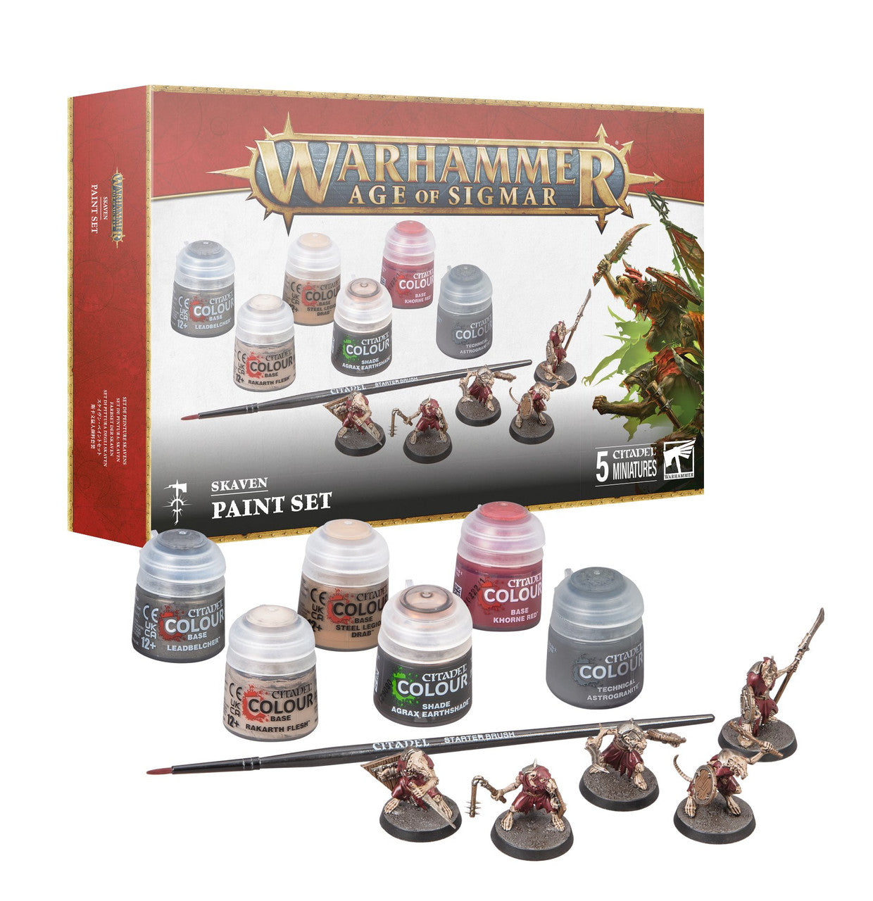 Age of Sigmar: Skaven Paint Set with miniatures and colors.